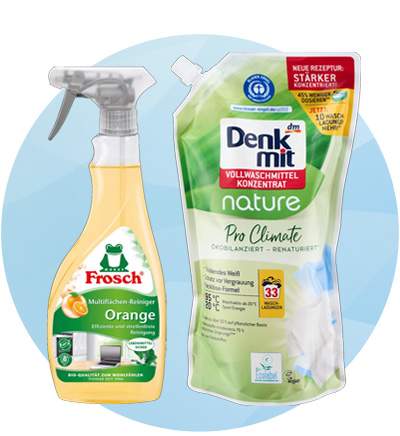 Frosch Multiflächenreiniger und denkmit nature Vollwaschmittel Konzentrat