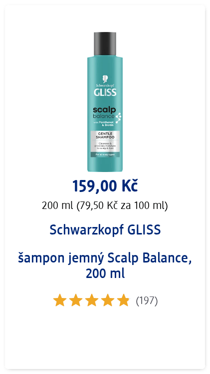  rating.starFilledrating.starFilledrating.starFilledrating.starFilledrating.starFilled 5 (1 hodnocení)   1  159,00 Kč 200 ml (79,50 Kč za 100 ml) vč. DPH plus poštovné  Vložit do košíku Skladem Standardní doprava za 1-3 pracovní dny Ve  Vaší prodejně dm  k dispozici (15 ks) za 60 minut připraveno k vyzvednutí ve Vaší prodejně dm  Expresní vyzvednutí v prodejně dm do 60 minut Vrácení zdarma v prodejně dm 25 Kč = 1 dm active beauty bod Nově grafika Přeskočit seznam šampon jemný Scalp Balance Schwarzkopf GLISS