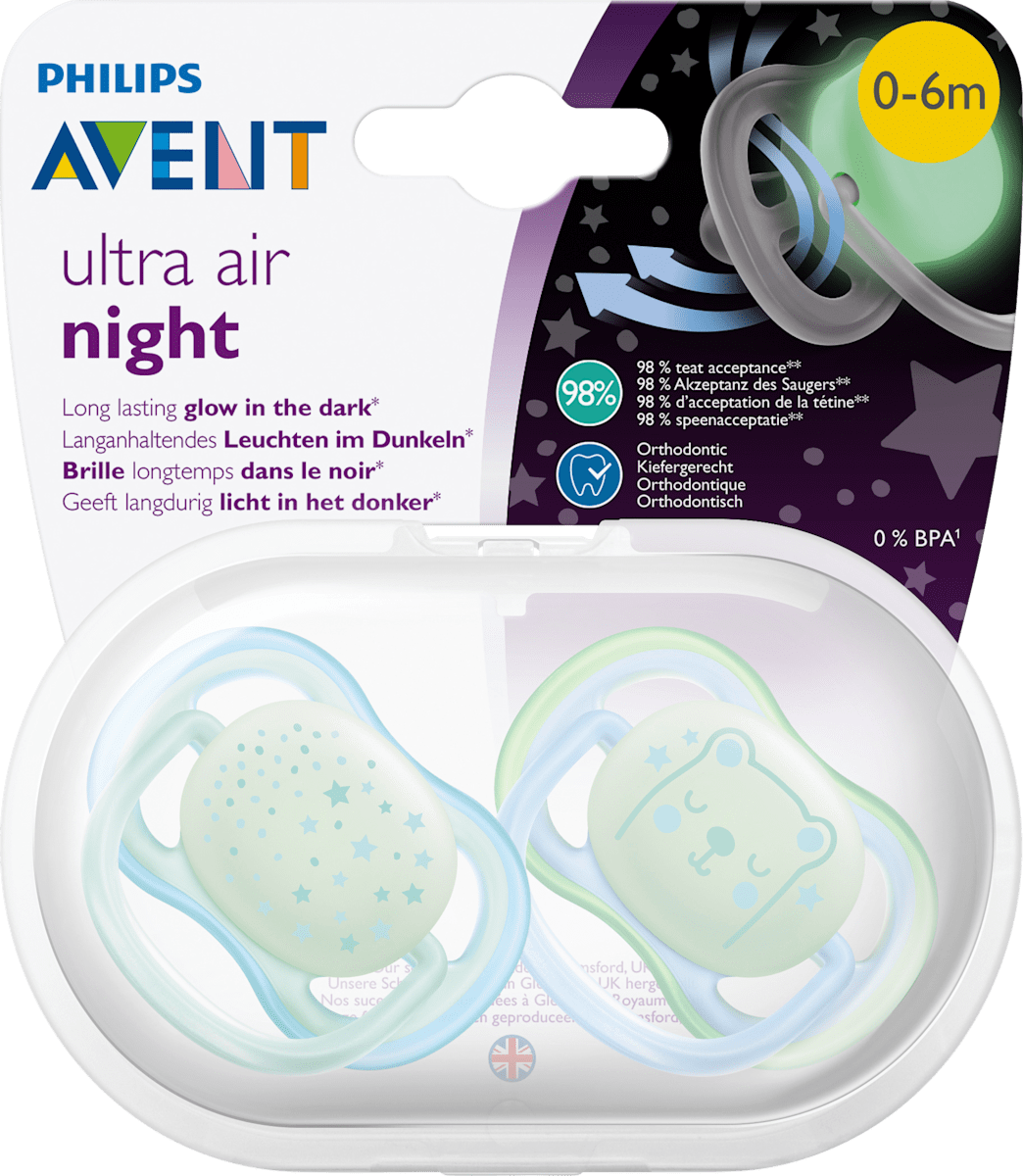 Schnuller ultra air night Silikon, blau/grün, 0-6 Monate, 2 St