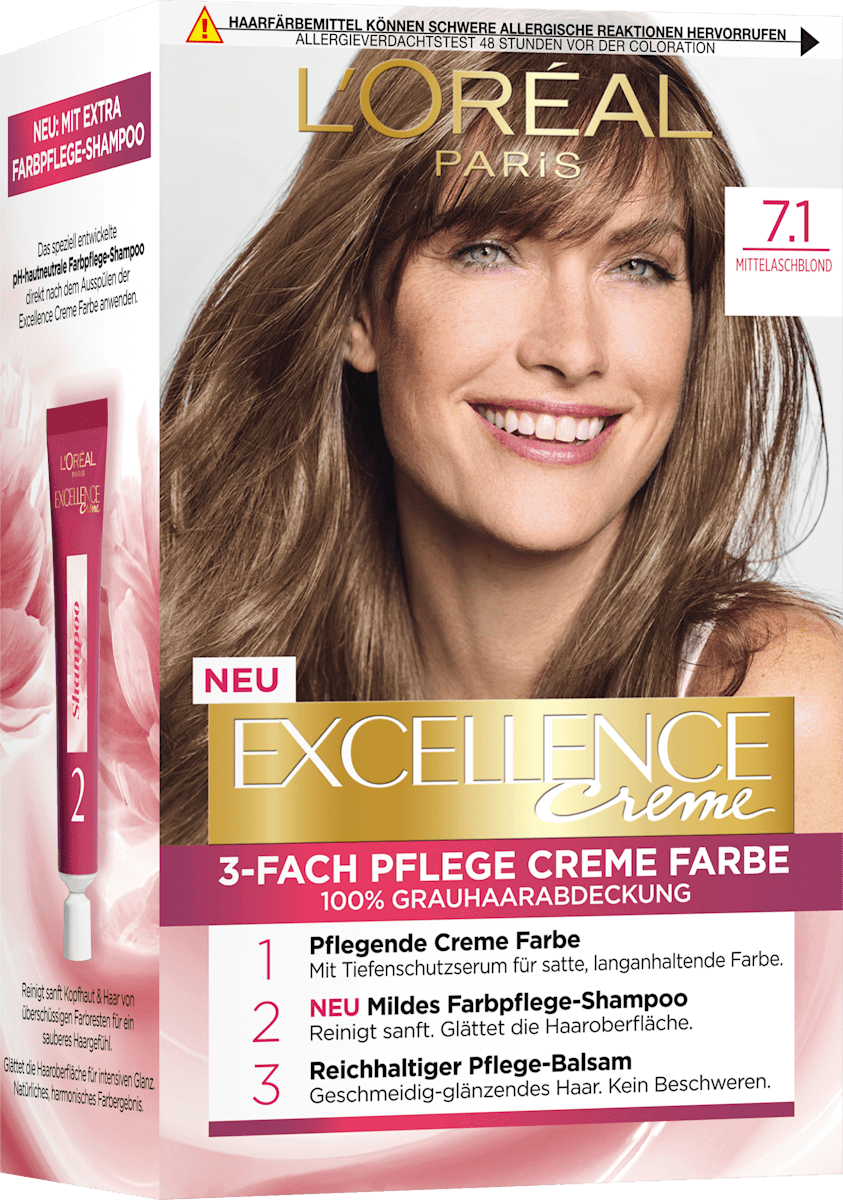 Краска лореаль экселанс пепельный. Краска лореаль экселанс 7. Excellence Creme 7.1 русый пепельный. Лореаль екселленс пепельный русый.