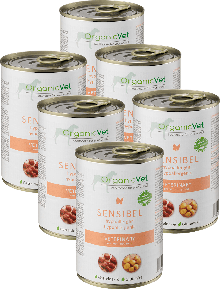 OrganicVet Nassfutter für Hunde, Sensibel hypoallergen, Multipack (6 x 400g), 2,4 kg dauerhaft