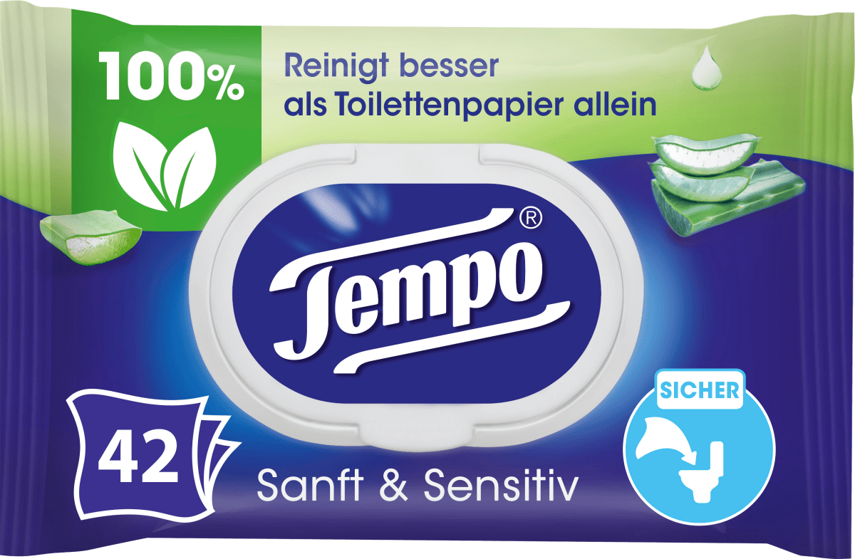 Tempo SANFT & PUR 3 x 42 Stück feuchtes Toilettenpapier für empfindliche Haut 