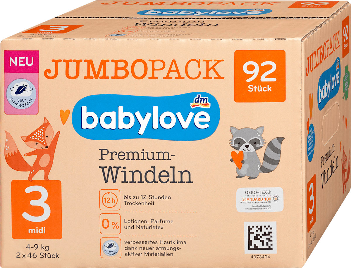 babylove PremiumWindeln Gr. 3 midi (49 kg) Jumbopack, 92 St dm.at