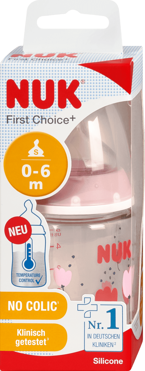 NUK First Choice Flow Control fles | 6-18 maanden | temperatuurregeling | siliconen fopspeen | antikoliekventiel | BPA-vrij | 360 ml | roze | 1 stuk