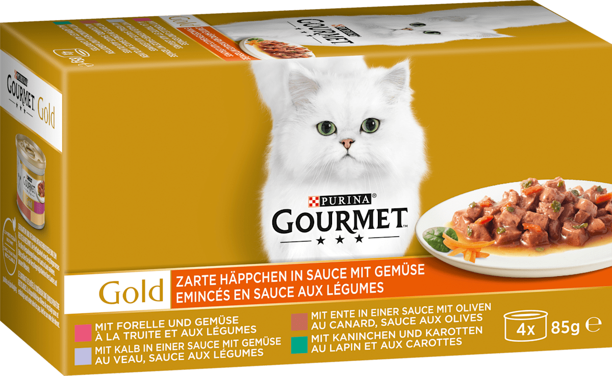 Purina Gourmet Nassfutter Katze mit Forelle, Kalb, Ente &amp; Kaninchen ...