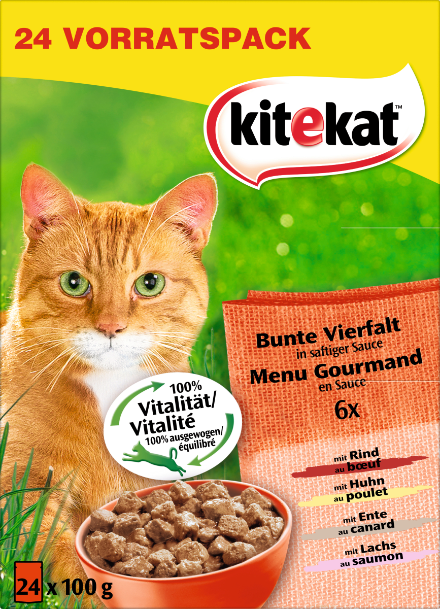 kitekat Nassfutter Katze mit Huhn, Ente, Rind & Lachs, bunte Vielfalt in Sauce, Multipack