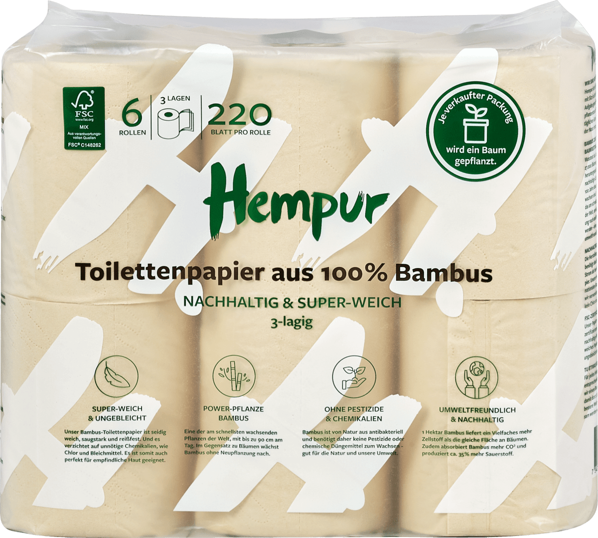 Hempur Toilettenpapier aus 100 Bambus 3lagig (6x220 Blatt), 6 St dm.at