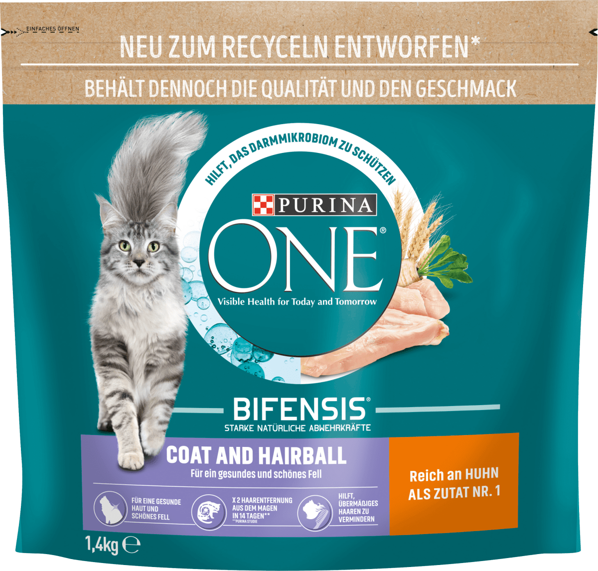 PURINA ONE Trockenfutter Katze Coat & Hairball mit Huhn & Vollkorn Getreide, Adult, 1,4 kg
