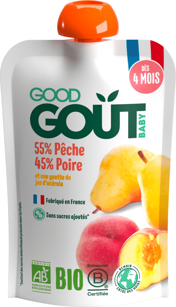 Good Gout BIO ovocný příkrm v sáčku Broskev s hruškou, 120 g dm.cz