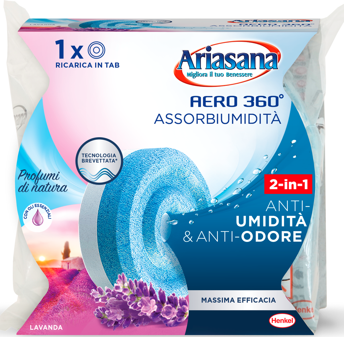 Ariasana Aero 360° Ricarica TAB Lavanda E Inodore - Assorbi Umidità E Neutralizza Odori, 450g, Fino A 3 Mesi - copertina