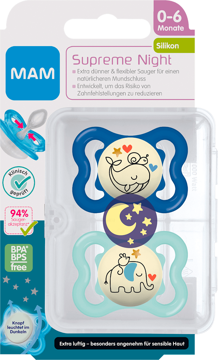 MAM Air Night Schnuller 6+ Monate – Leuchtet Im Dunkeln, Mit Sterilisierbeutel, 2er Pack