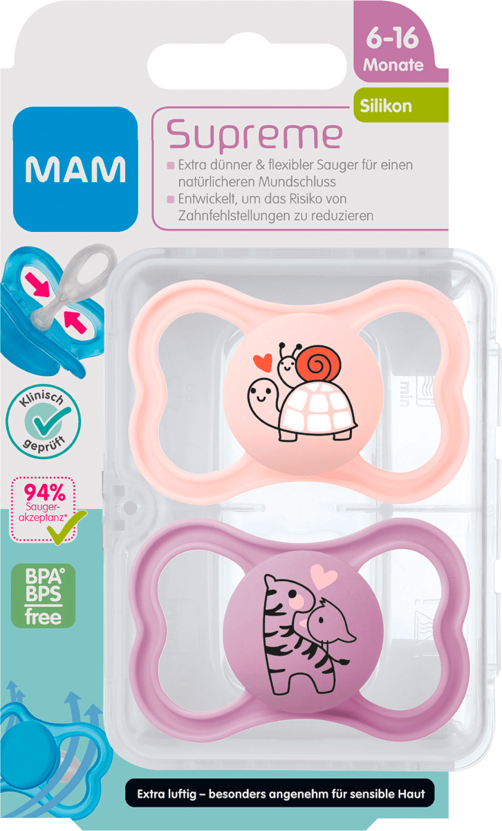 MAM Schnuller Supreme Silikon, rosa/lila, 616 Monate, 2 St dauerhaft