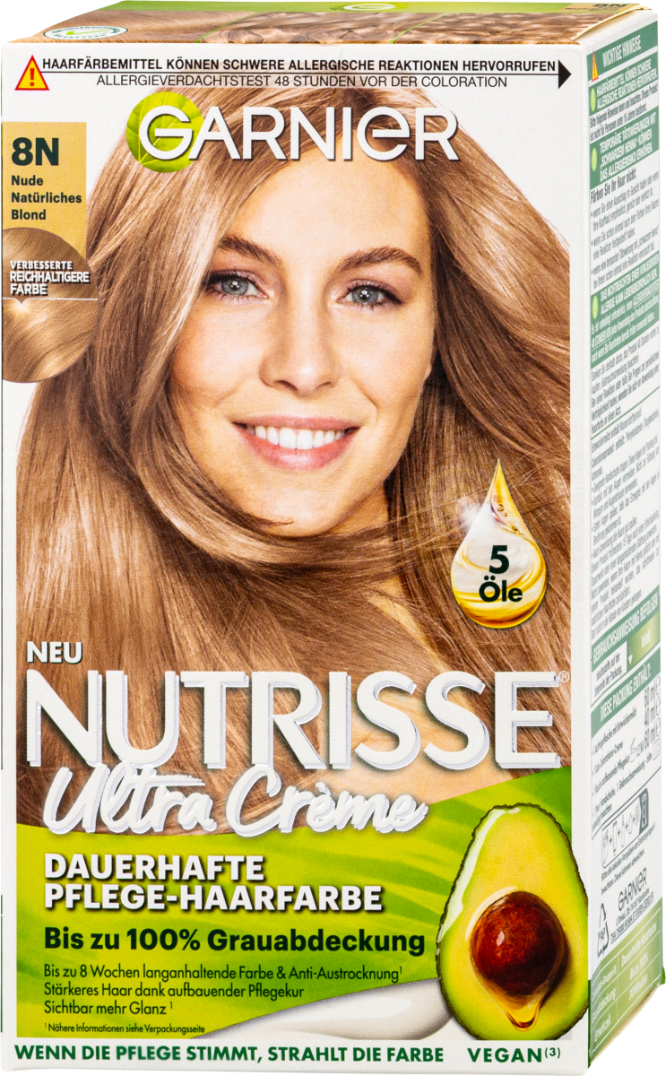 GARNIER Nutrisse Creme 8N St Pflege-Haarfarbe 1 Blond, Natürliches - dauerhafte Nr
