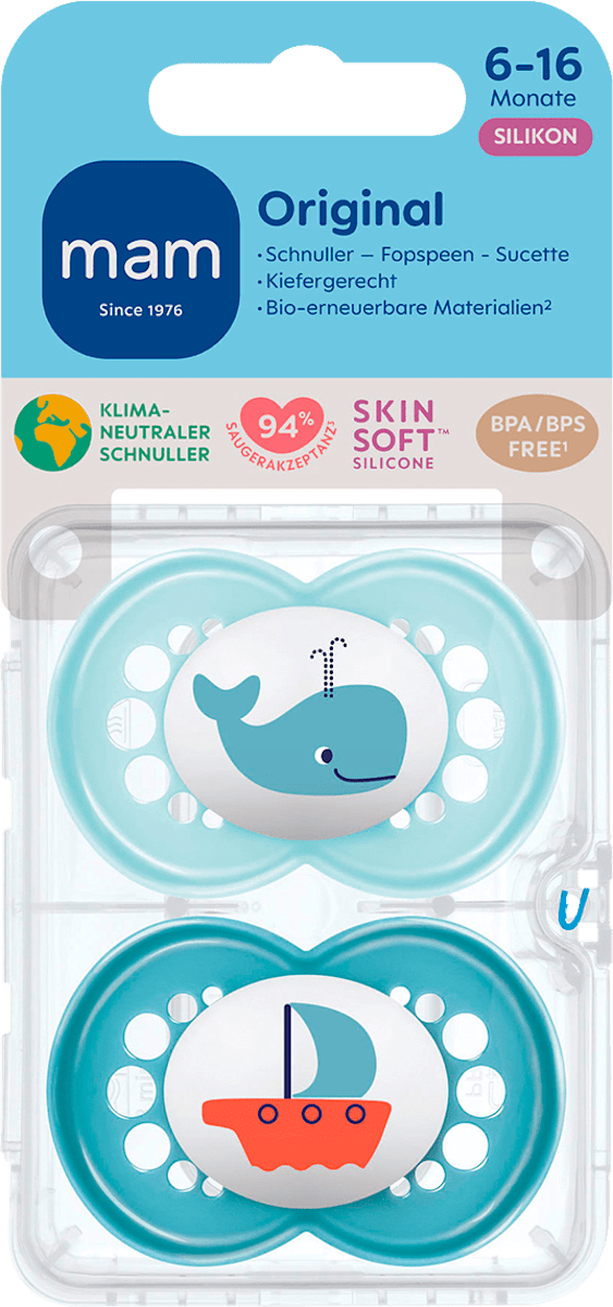 MAM Skin Soft Silikon Schnuller, 6–16 Monate, 2er-Set Inkl. Sterilisierbox & Schnullerkette