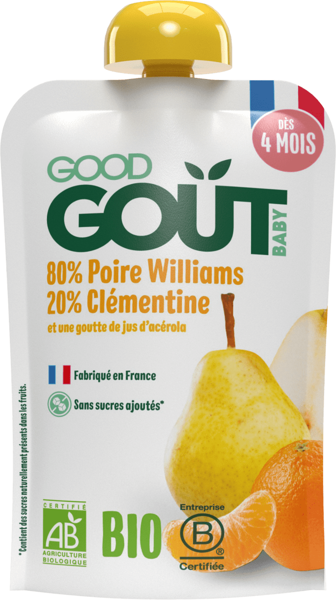 Good Gout BIO ovocný příkrm v sáčku Hruška s klementinkou, 120 g dm.cz