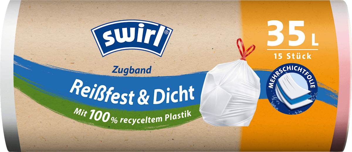 Swirl Müllbeutel 35 l Zugband mit 100 % recyceltem Plastik, 15 St 
