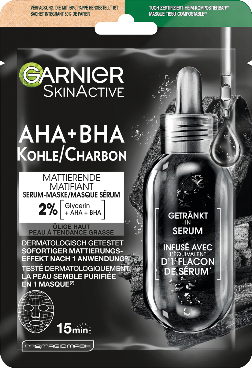 dauerhaft kaufen günstig Serum Kohle/Charbon, BHA g AHA Garnier Active 28 online Skin + Tuchmaske