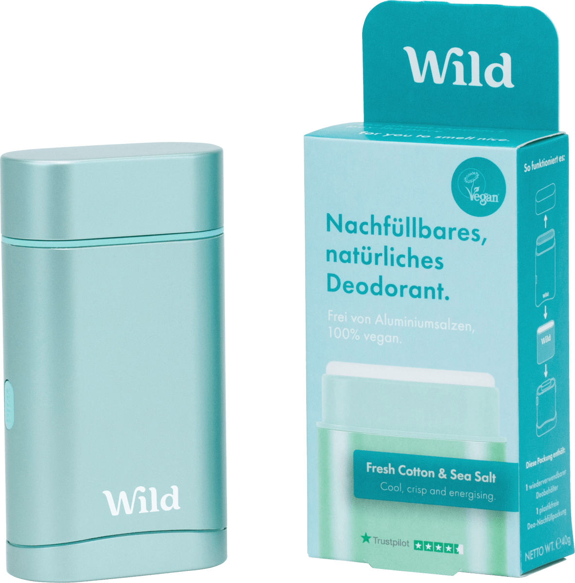 Wild Deodorant Deo-Stick nachfüllbar und natürlich Fresh Cotton und Sea  Salt, 40 g