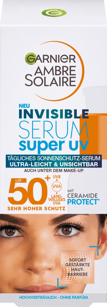 Garnier Ambre Solaire Gesicht kaufen LSF invisible 30 50+, super ml UV, günstig Serum Sonnenfluid online dauerhaft