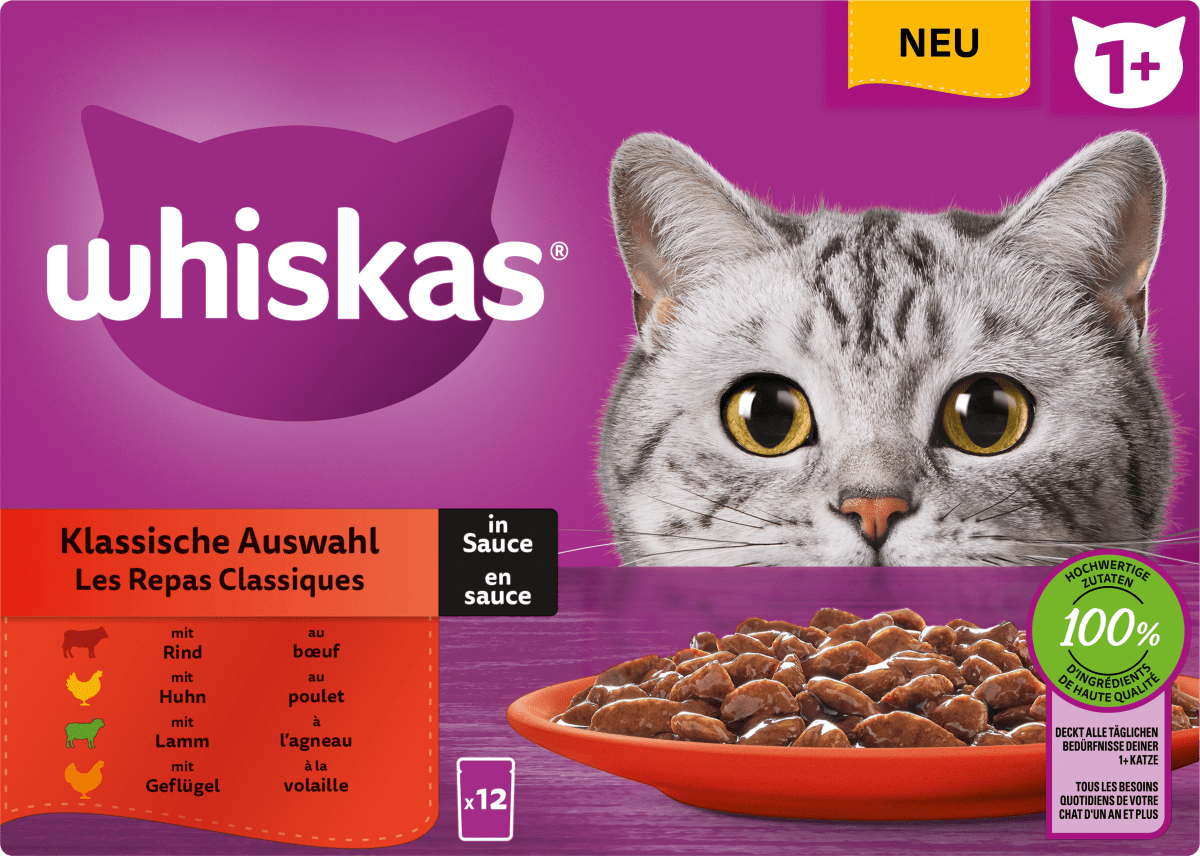 Whiskas 1+ Jahre Katzenfutter klassische Auswahl in Sauce, 1,02 kg