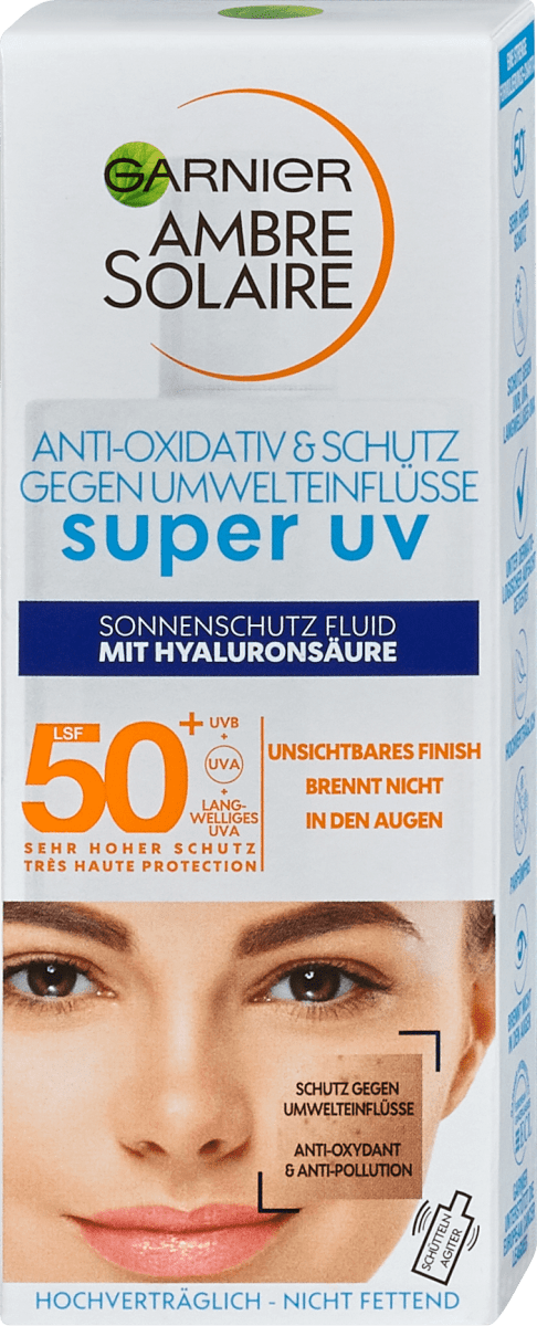 Garnier Ambre Solaire Sonnenschutz Fluid mit Hyaluronsäure LSF 50+, 40 ml