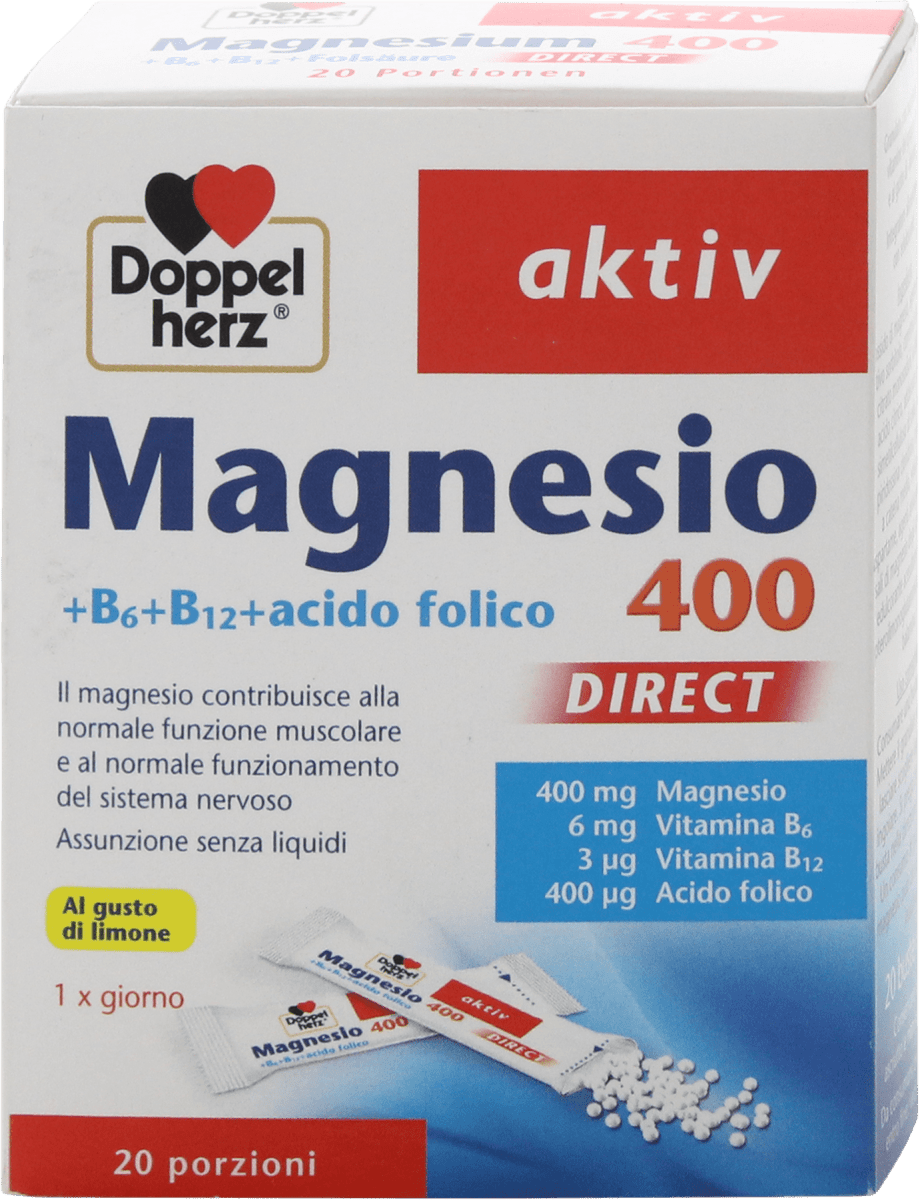 Doppelherz Magnesio 400 +B6+B12+acido folico DIRECT aktiv, 20 pz