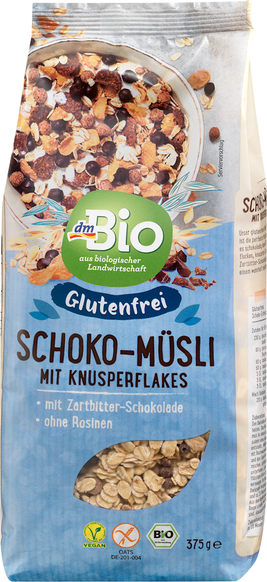dmBio Müsli, Schoko mit Knusperflakes &amp; Zartbitter-Schokolade ...