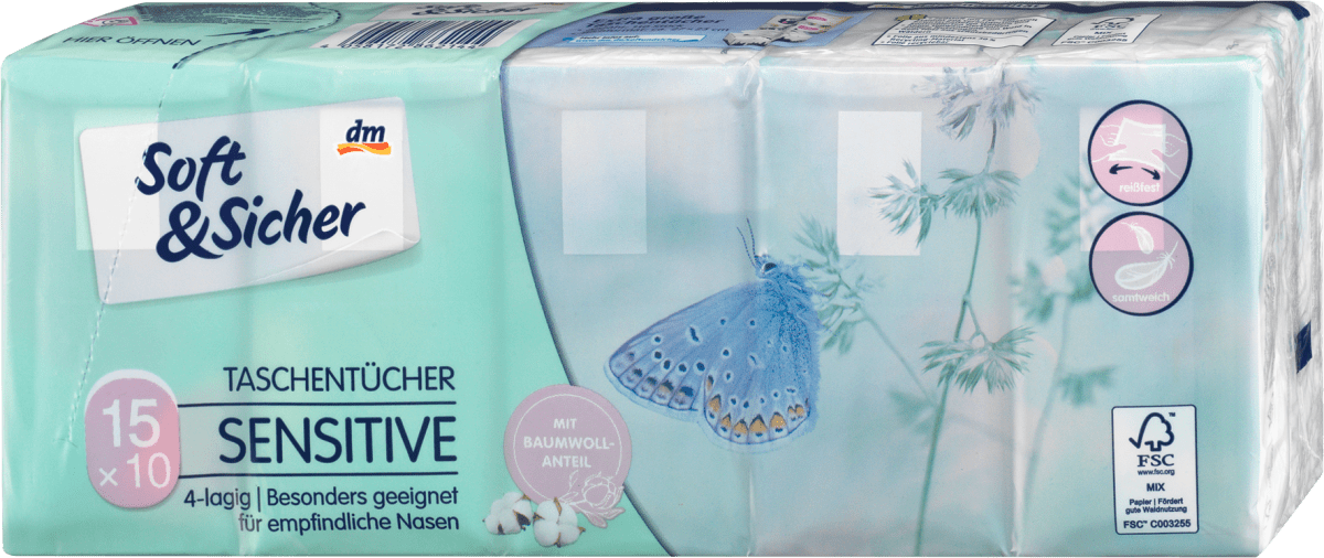 Soft&Sicher Taschentücher Sensitive 4-lagig (15x10 Blatt), 150 St