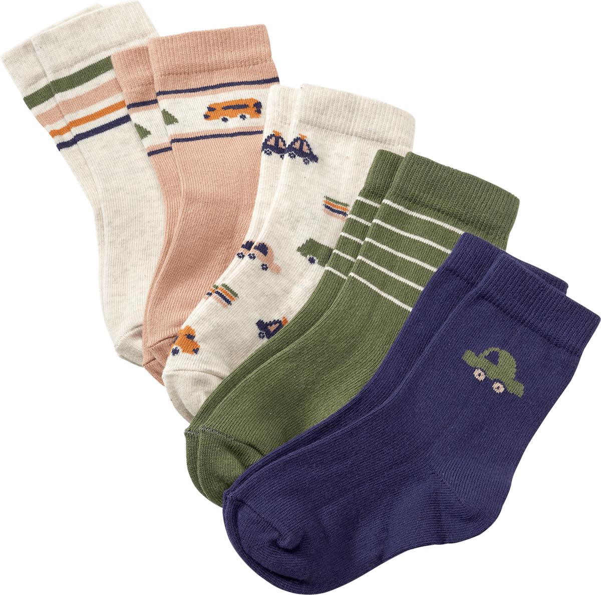 PUSBLU Socken mit Ringeln & FahrzeugMotiven, beige + blau, Gr. 31/33