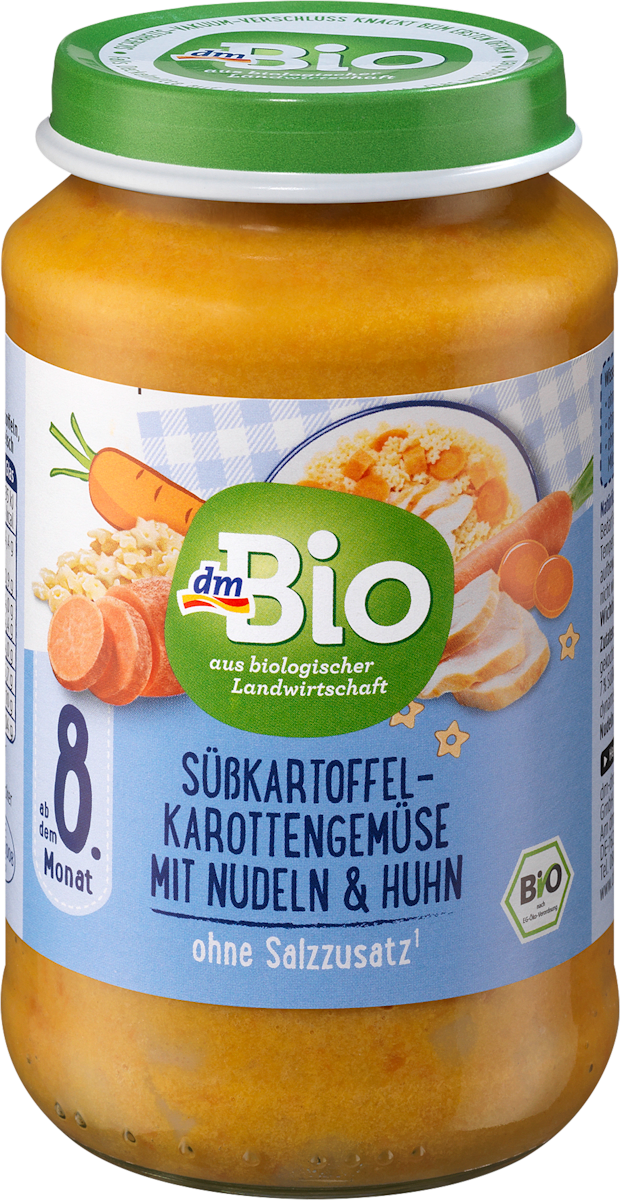 dmBio Menü Süßkartoffel-Karottengemüse mit Nudeln und Huhnab dem 8 ...