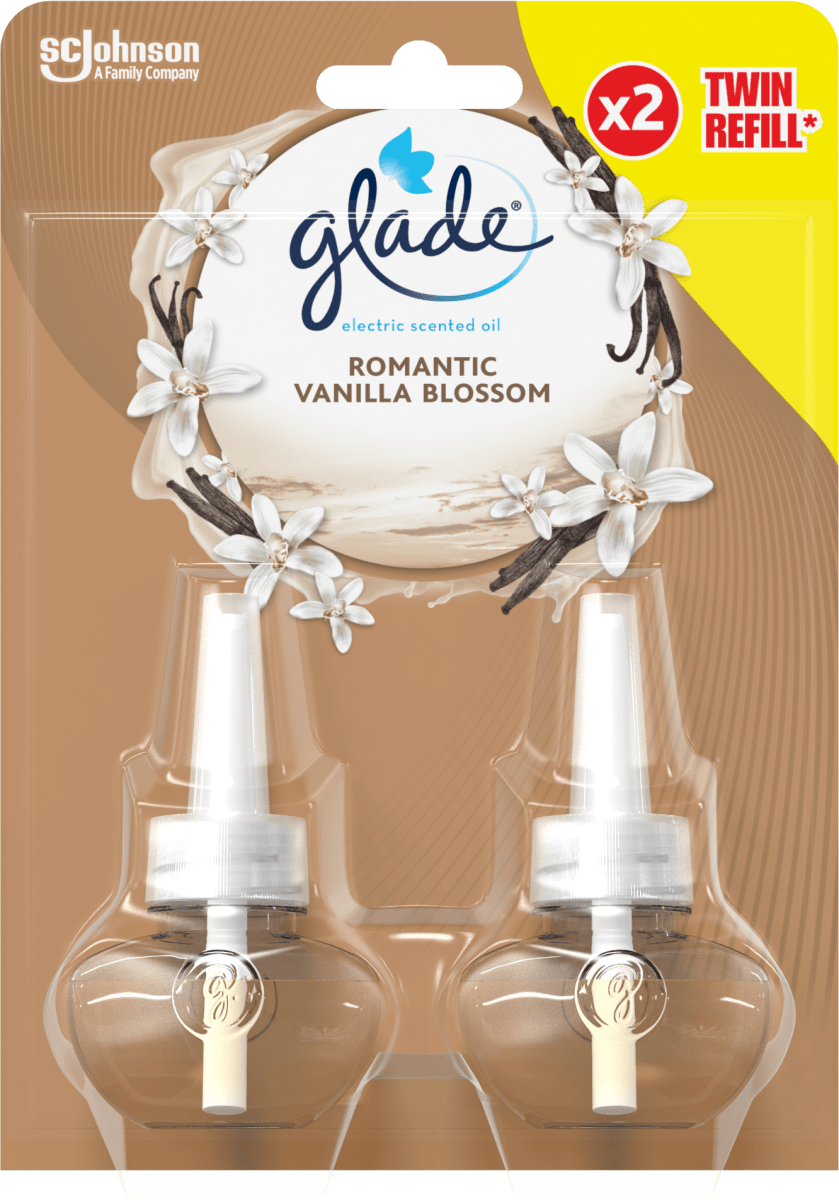 Glade Essential Oil, Diffusore per Ambiente Elettrico agli Olii Essenziali,  Fragranza Romantic Vanilla Blossom, Confezione da 1 Base + 3 Ricariche -  Biostaff
