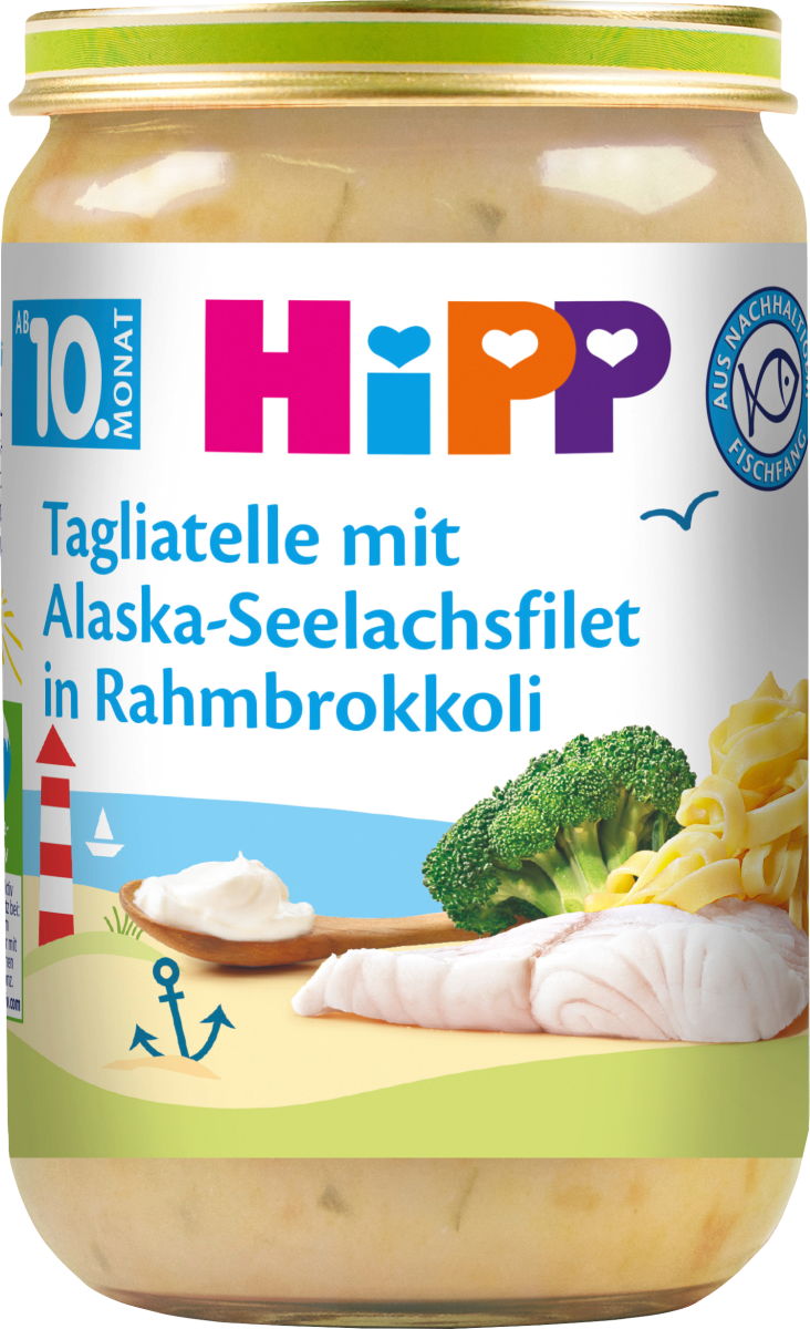 Hipp Menü Tagliatelle mit Alaska-Seelachsfilet in Rahmbrokkoli ab dem 10.  Monat, 220 g dauerhaft günstig online kaufen