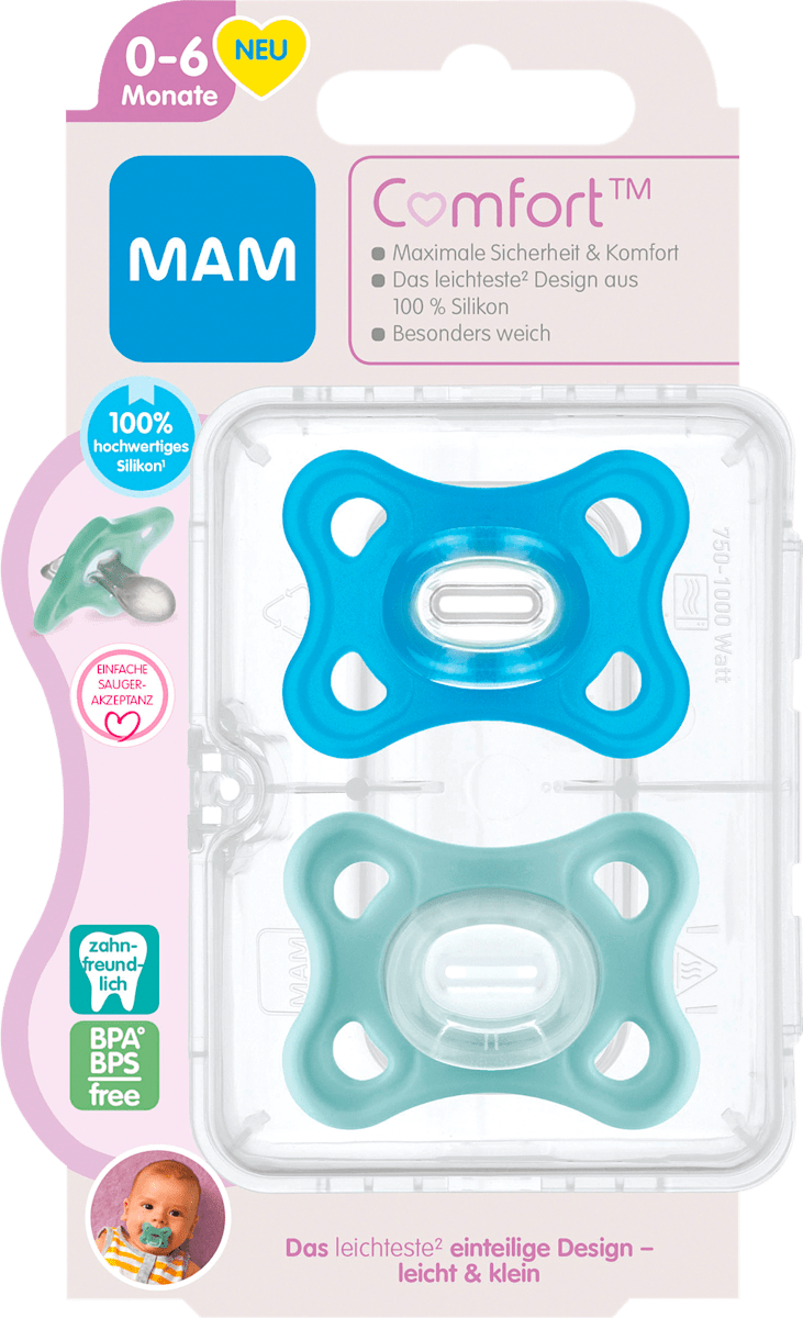 MAM Schnuller Comfort Silikon, blau/mint, 0-6 Monate, 2 St dauerhaft ...