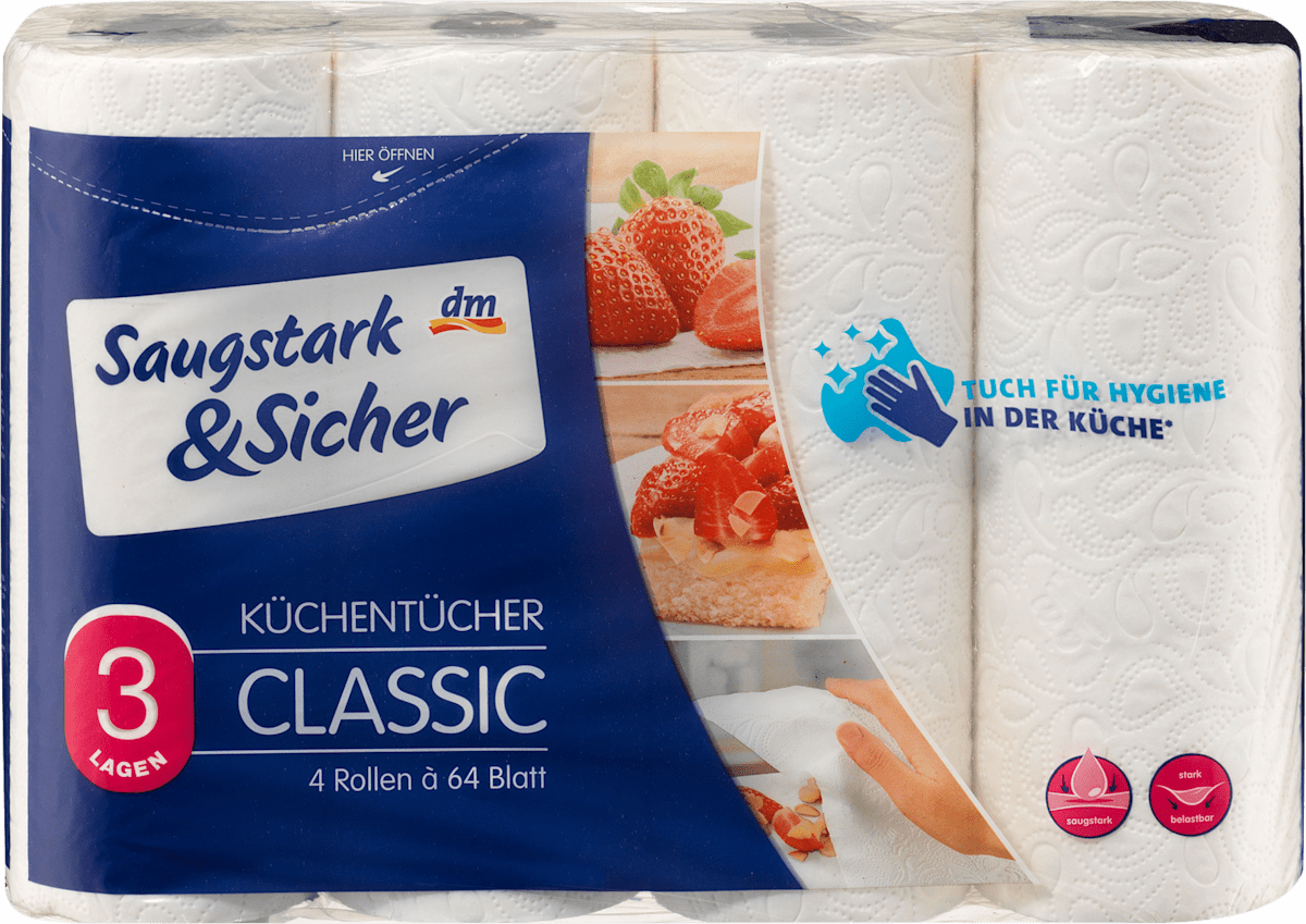 Saugstark&Sicher Küchenrolle Classic 3lagig (4x64 Blatt), 4 St dm