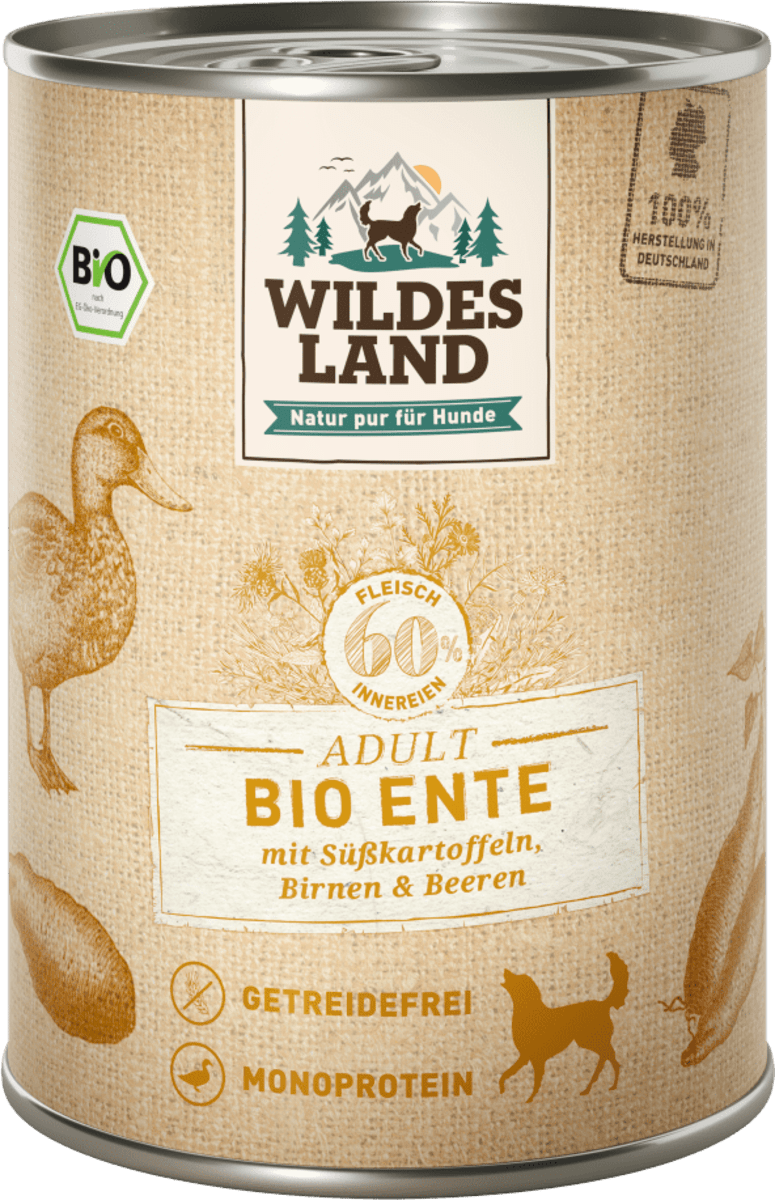 Wildes Land Nassfutter Hund Bio Ente mit Süßkartoffeln, Birnen und ...