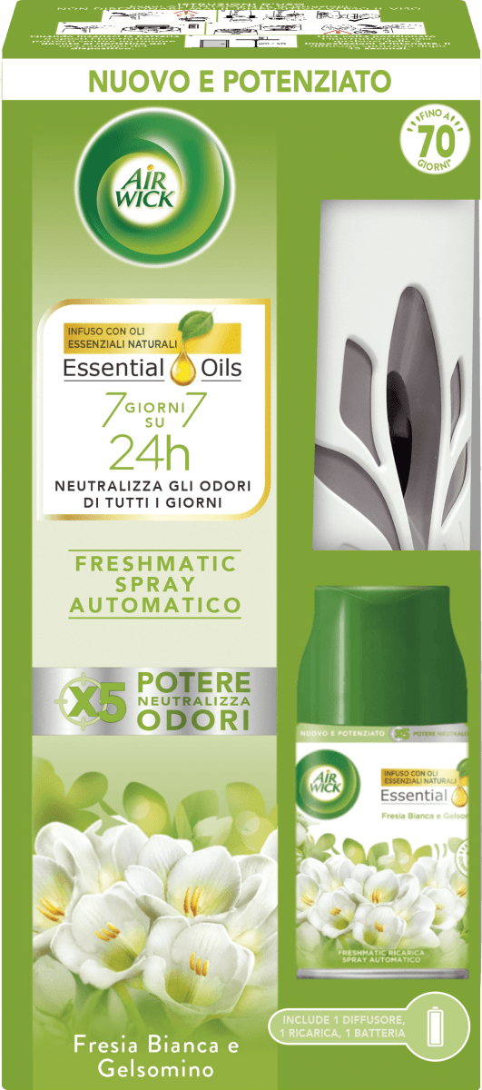 Airwick Deodorante automatico Freshmatic Spray Ricariche | Neutralizzatore di odori, deodorante per bagno e stanza | Fragranza: Morning Meadow | 2 ricariche da 250 ml | Dura fino a 140 giorni (70