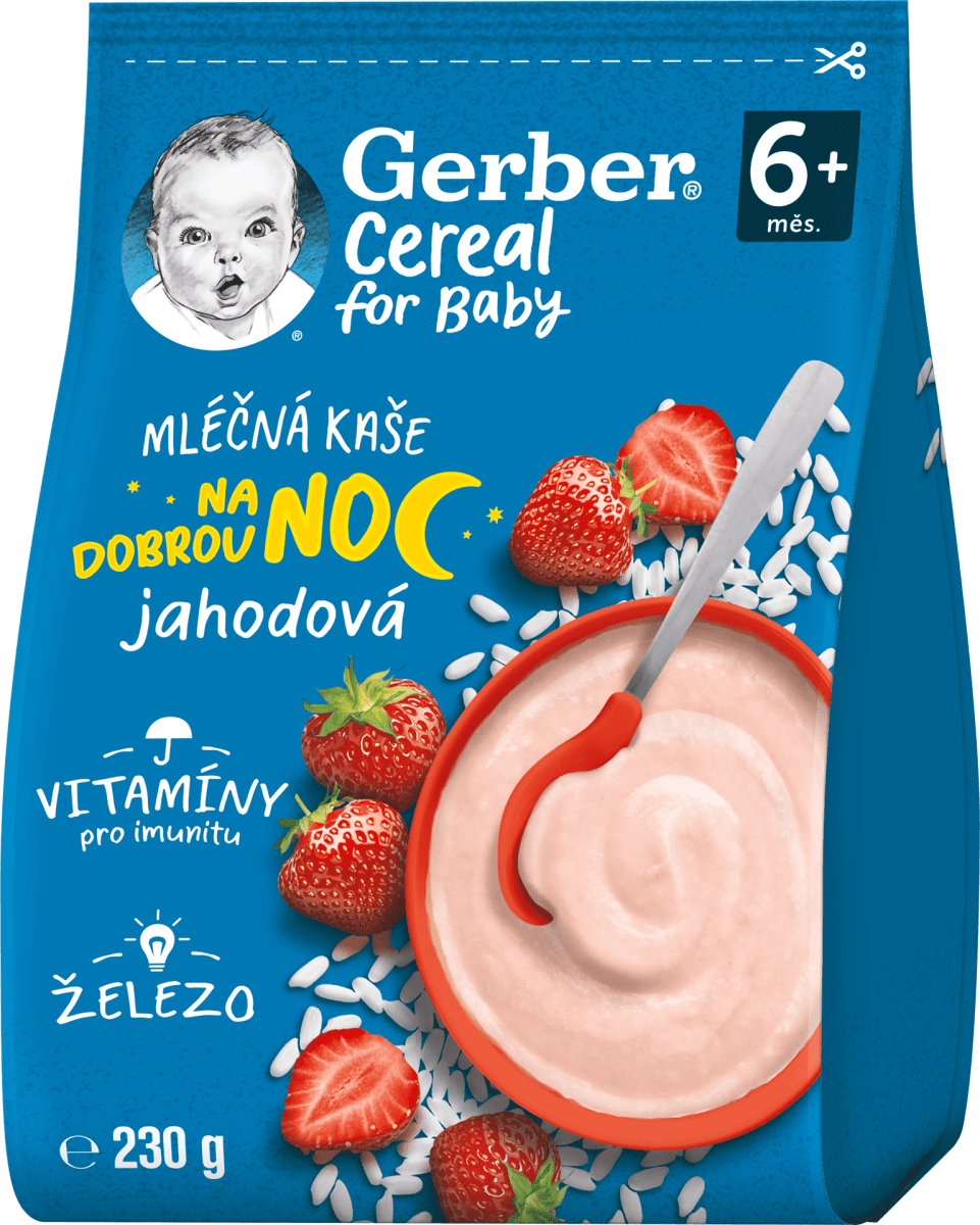 Gerber Cereal Mliečna kaša jahodová na dobrú noc, 230 g | mojadm.sk