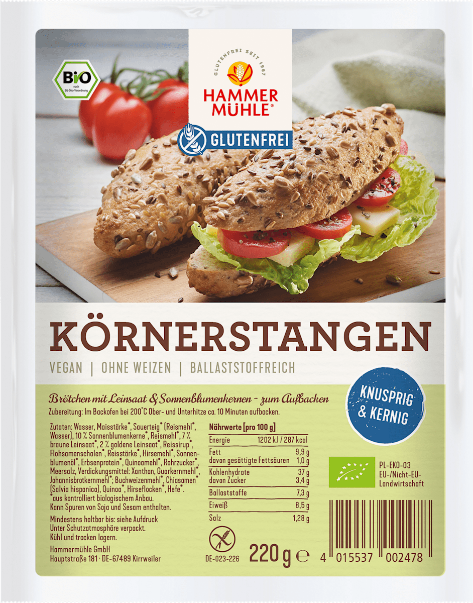 Hammermühle Körnerstangen, glutenfrei (2 Stück), 220 g dauerhaft 