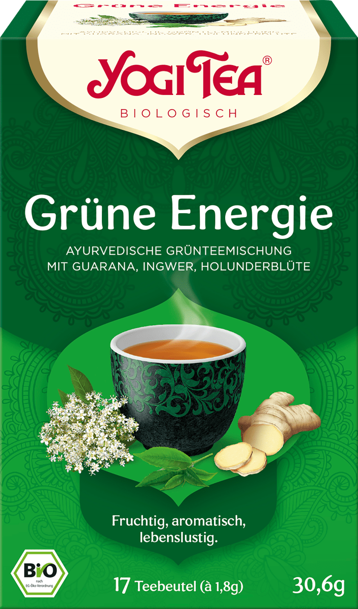 YOGI TEA Grüner Tee "Grüne Energie" mit Guarana, Ingwer & Holunderblüte (17 Beutel), 30,6 g