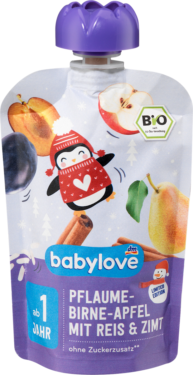 babylove Quetschie Pflaume-Birne-Apfel mit Reis u. Zimt ab 1 Jahr, 100 ...