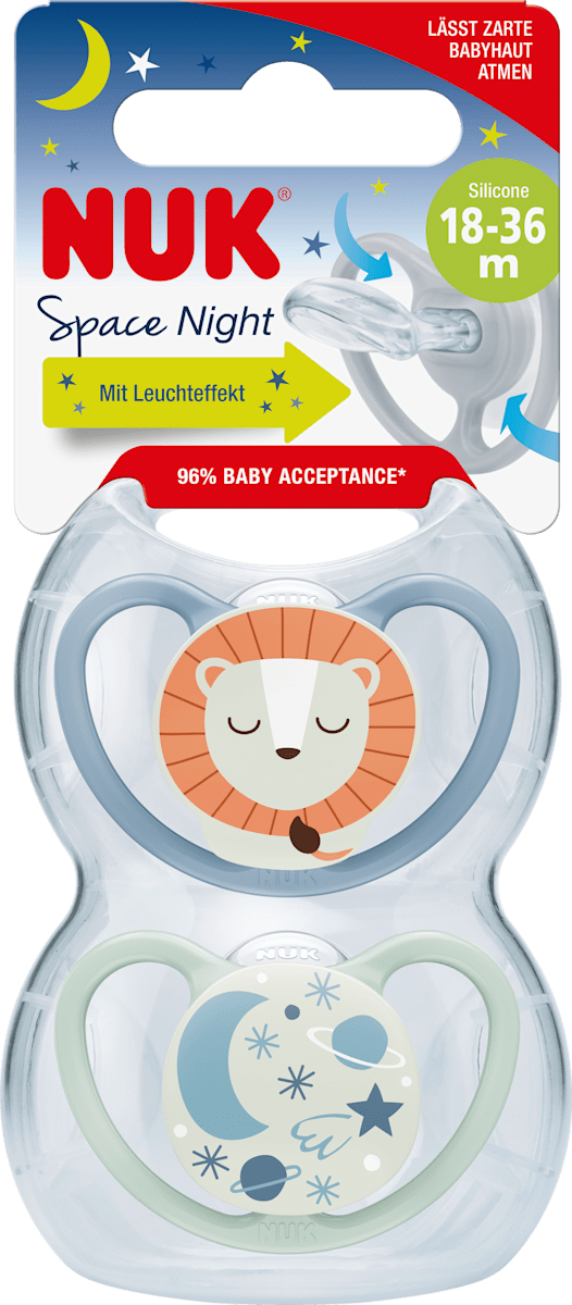 NUK Space Night Fopspeen voor baby's | 0-6 maanden | in het donker lichtgevende fopspeen met extra openingen voor de gevoelige huid | BPA-vrije siliconen | schaap | 2 stuks