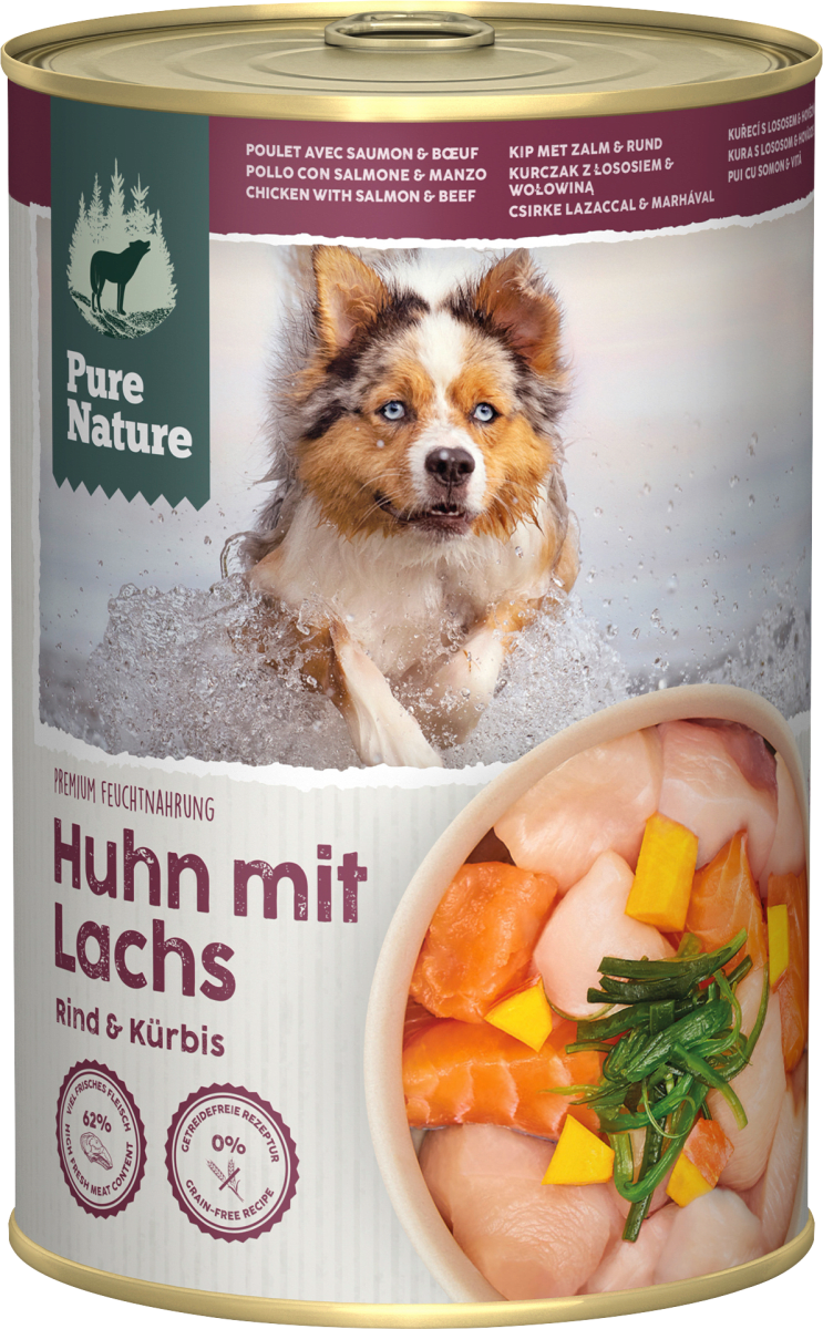 Pure Nature Nassfutter Hund mit Huhn, Lachs, Rind &amp; Kürbis, 400 g ...