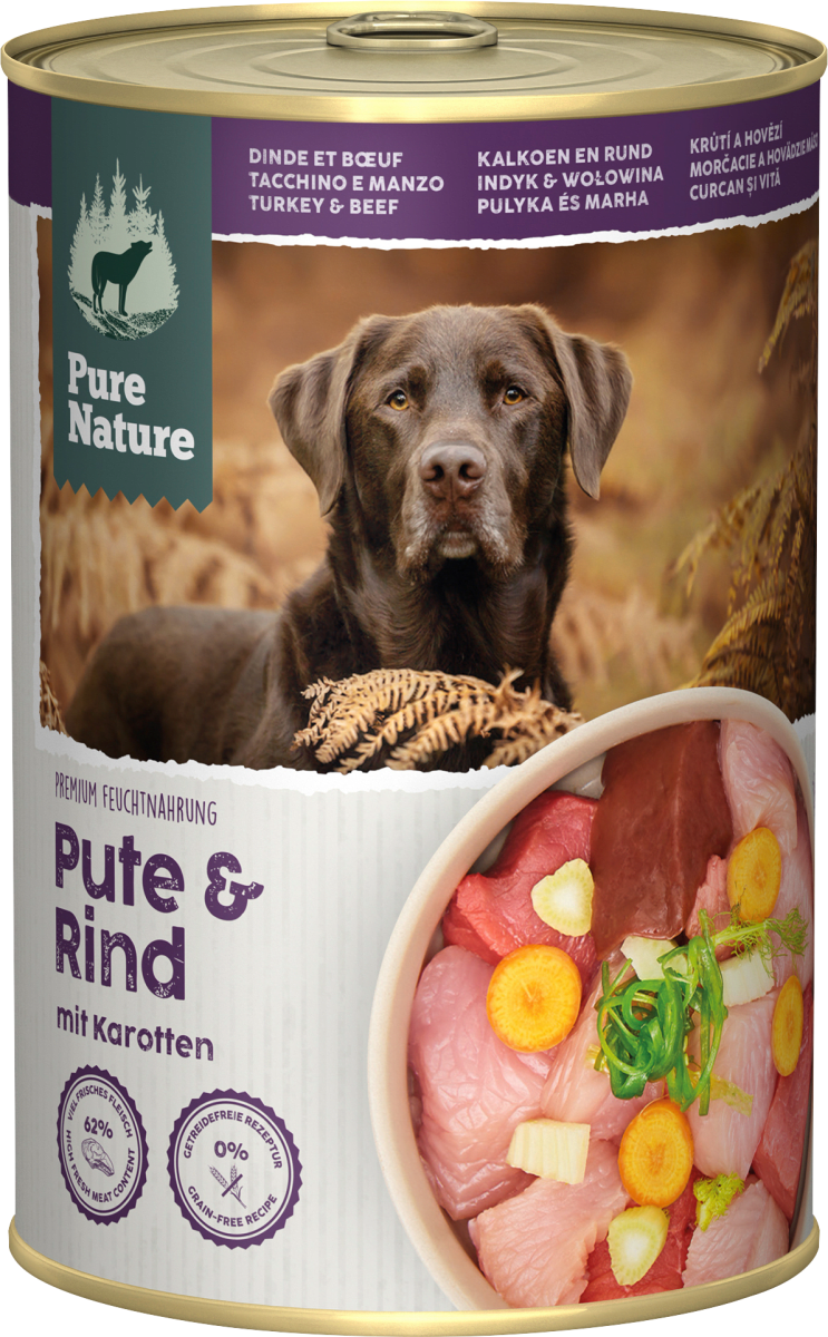 Pure Nature Nassfutter Hund mit Pute, Rind &amp; Karotten, 400 g dauerhaft ...
