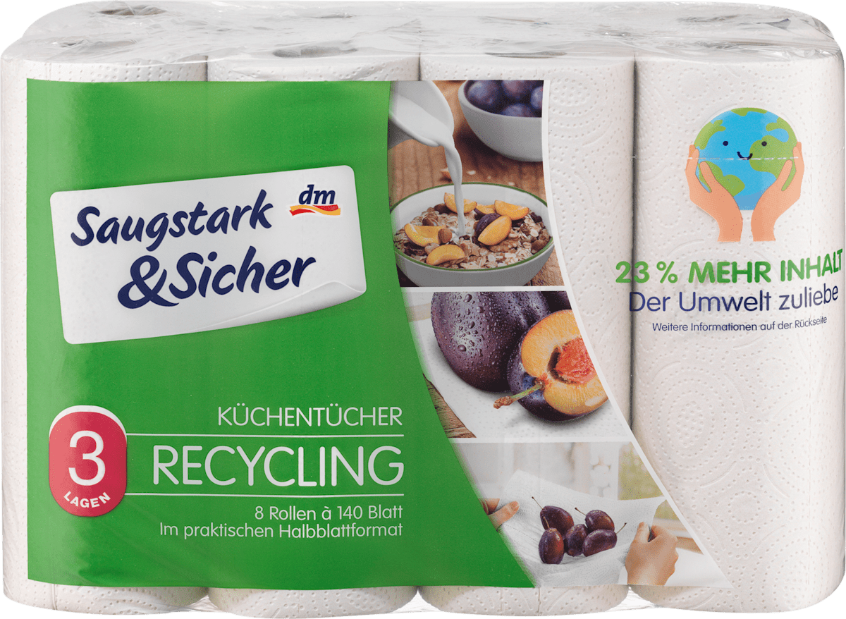 Saugstark&Sicher Küchenrolle Recycling 3lagig (8x140 Blatt), 8 St dm.at