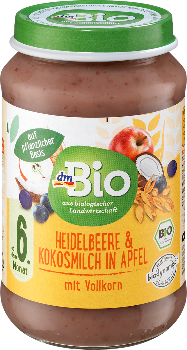 dmBio Frucht &amp; Getreide Heidelbeere, Kokosmilch in Apfel mit Vollkorn ...