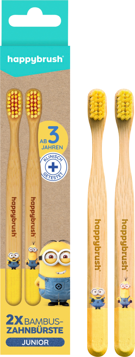 happybrush Zahnbürste Kinder Bambus Minions Doppelpack, ab 3 Jahren, 2