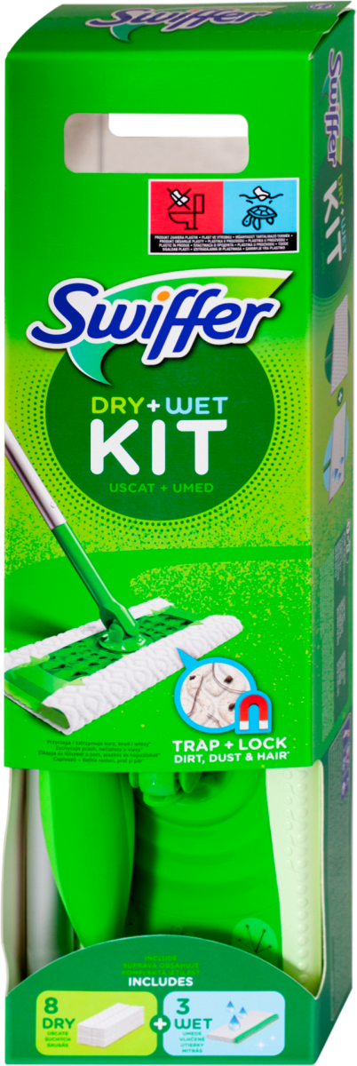 Swiffer - Starter Kit for Cleaning Floors with 1 mop, 8 Refills for Dry and 3 We
