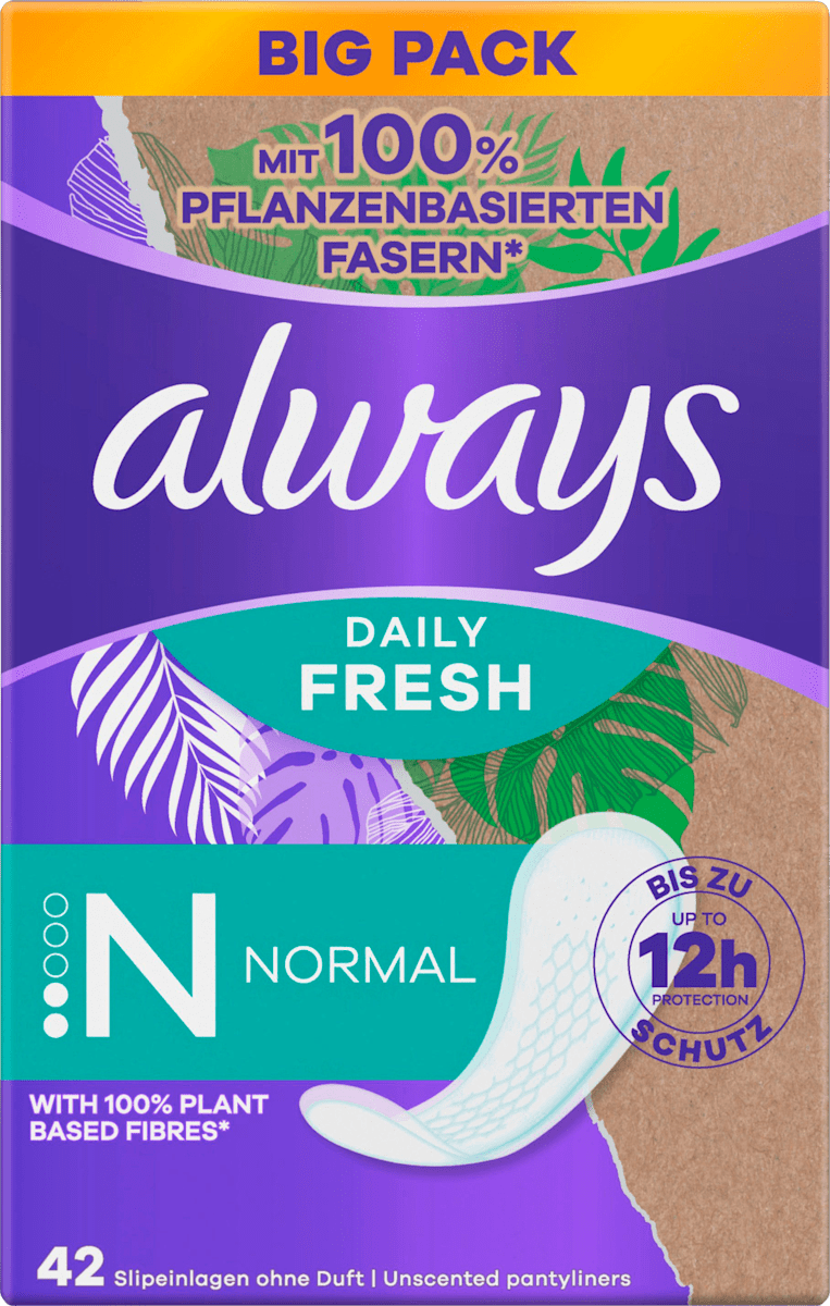 Always Daily Fresh Slipeinlagen Long, 38 Stück – Mit 100% Pflanzenbasierten Fasern, Bis Zu 12h Schutz