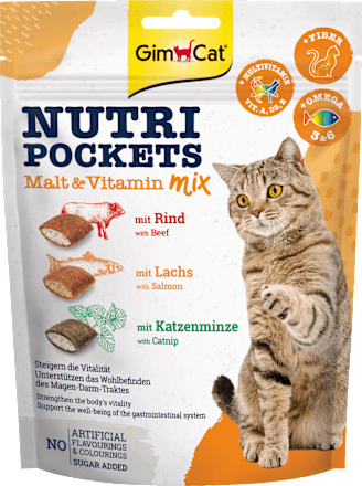 GIMCATKatzenleckerli mit Rind, Lachs & Katzenminze, Nutri Pockets Malz-Vitamin Mix, 150 gErgänzungsfuttermittel