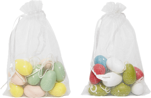 Dekorieren & EinrichtenHolzeier im Beutel zum Aufhängen, bunt, 12 St